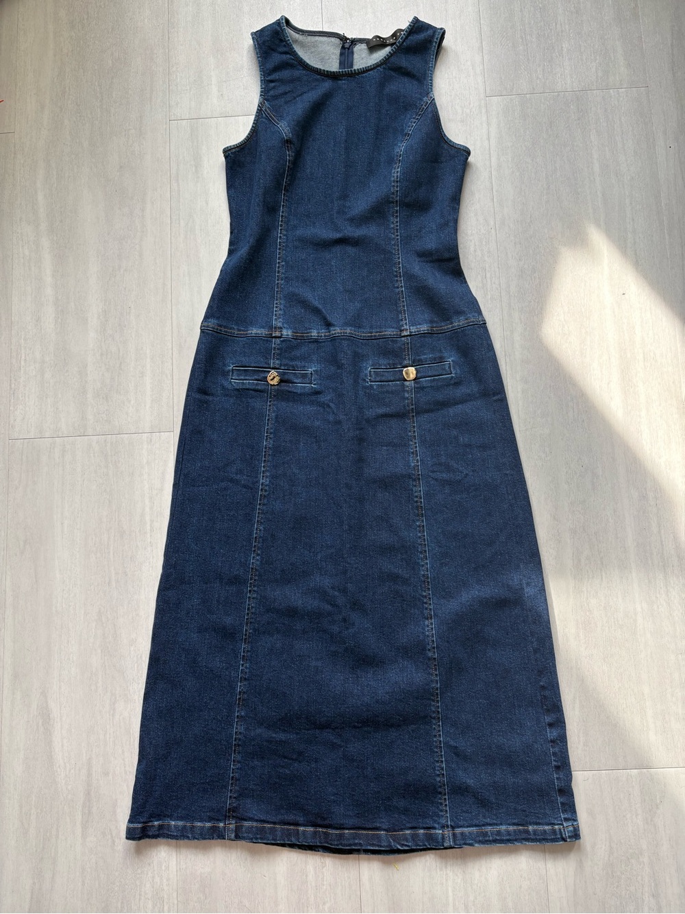 Endless Rose Blue Denim Sleeveless Midi Dress with Gold button accent
